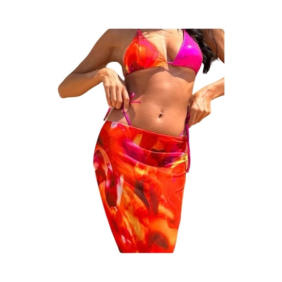 Pink and Orange Bikini Set with Skirt - Picture 12 of 17